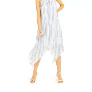 NWT INC Womens Midi Dress size M, White Blue Striped Asymmetrical Halter Neck